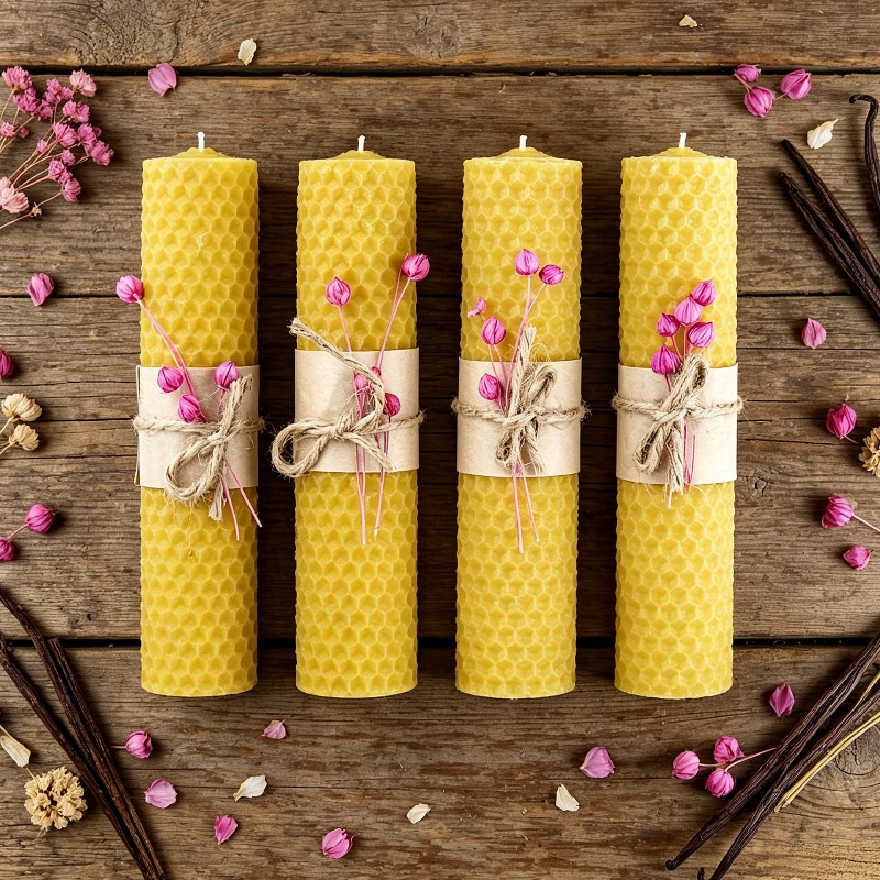 Beeswax Taper Candle - 수제 롤드 비즈왁스 기둥 양초 4개,