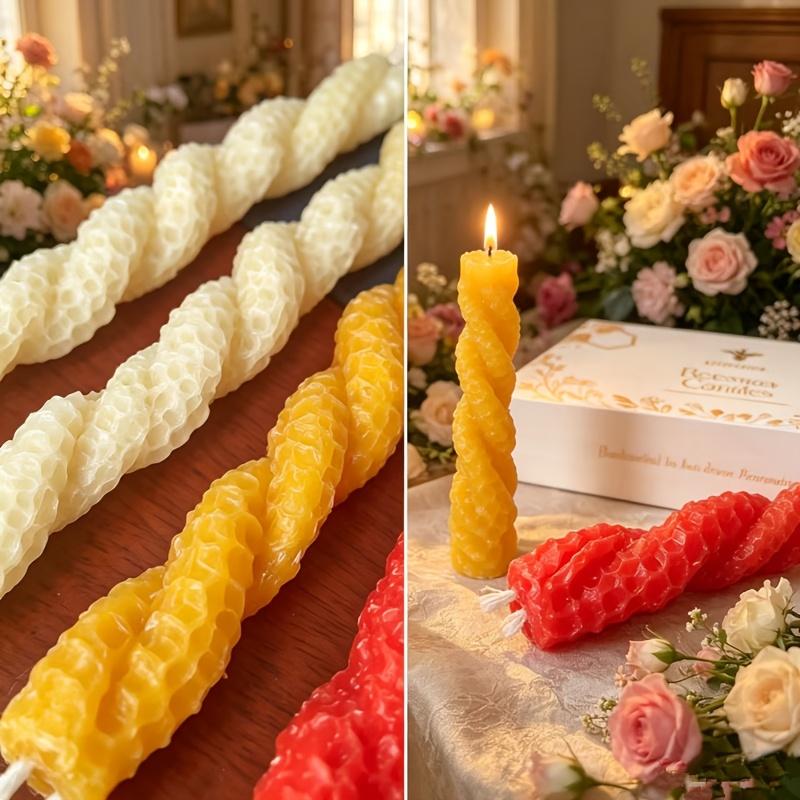 빨간색과 노란색이 섞인 수제 꽈배기 모양의 밀랍 캔들  - Beeswax Taper Candle 리뷰 및 가격